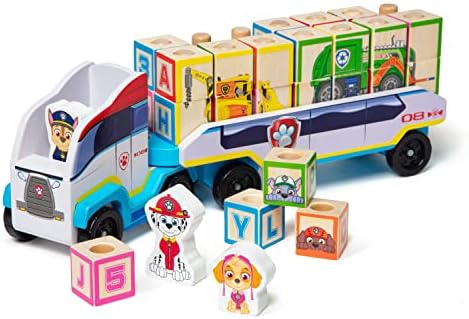 Melissa & Doug Paw Patrol ABC, Camion Gigant cu Remorcă din Lemn, Blocuri de Lemn, Jucărie de Lemn, Jucărie Educațională, Figurine și Puzzle Art, 3 - 8 Ani, Cadou pentru Băieți sau Fete