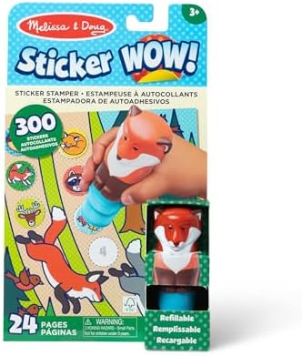 Caiet de activități cu autocolante Melissa & Doug WOW, 24 pagini și 300 de autocolante, cu ștampilă pentru autocolante, artă și meserii, figurină colecționabilă - Vulpe