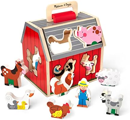 Fermă de jucărie din lemn Melissa & Doug - Fermă de jucărie pentru călătorii cu 10 figurine, jucărie de fermă, jucărie educativă pentru sortare și empilare pentru copii și preșcolari de la 2 ani