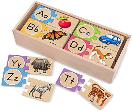 Puzzle din lemn cu alfabet autocolante Melissa & Doug și cutie de depozitare (52 piese) - Optimizat pentru SEO: Puzzle educativ pentru copii, alfabet interactiv din lemn, joc de învățare a literei.
