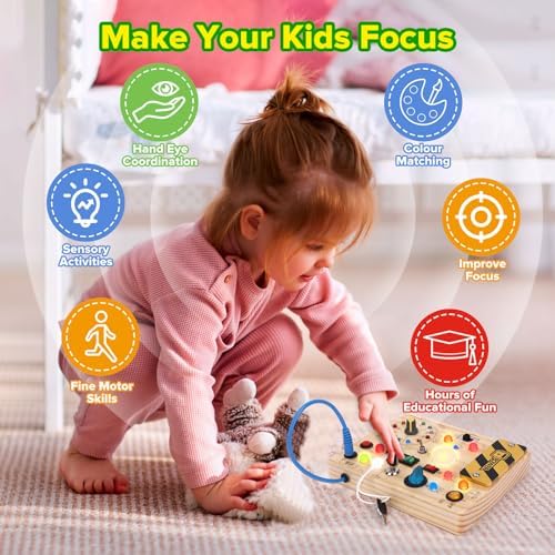 Jucărie Montessori Busy Board pentru copii de la 1 an, tablă de activități din lemn cu 10 comutatoare și 23 lumini LED - Jucărie senzorială pentru dezvoltarea abilităților motorii pentru bebeluși și copii de 1, 2, 3 și 4 ani, băieți și fete.
Optimizare SEO: Jucărie Montessori Busy Board pentru dezvoltarea abilităților motorii la copii de 1-4 ani. - imagine 5