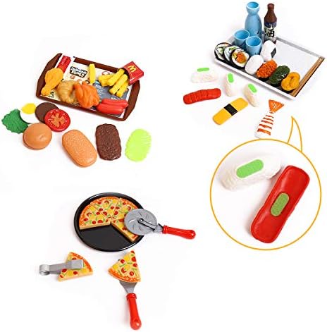 Carucior de mâncare pentru copii, Jucărie mare de roluri pentru copii și 98 de piese de mâncare, bucătărie, accesorii de vase, jucărie educativă pentru băieți/fete 3+ ani - imagine 5