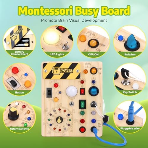 Jucărie Montessori Busy Board pentru copii de la 1 an, tablă de activități din lemn cu 10 comutatoare și 23 lumini LED - Jucărie senzorială pentru dezvoltarea abilităților motorii pentru bebeluși și copii de 1, 2, 3 și 4 ani, băieți și fete.
Optimizare SEO: Jucărie Montessori Busy Board pentru dezvoltarea abilităților motorii la copii de 1-4 ani. - imagine 2