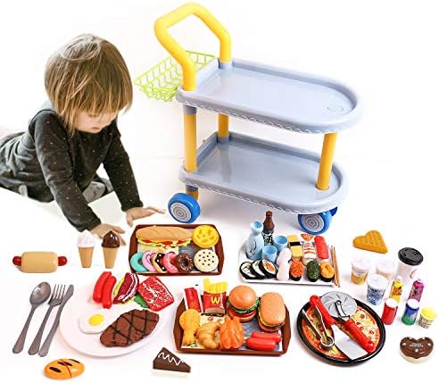 Carucior de mâncare pentru copii, Jucărie mare de roluri pentru copii și 98 de piese de mâncare, bucătărie, accesorii de vase, jucărie educativă pentru băieți/fete 3+ ani - imagine 2