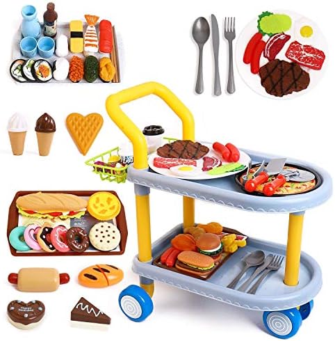 Carucior de mâncare pentru copii, Jucărie mare de roluri pentru copii și 98 de piese de mâncare, bucătărie, accesorii de vase, jucărie educativă pentru băieți/fete 3+ ani